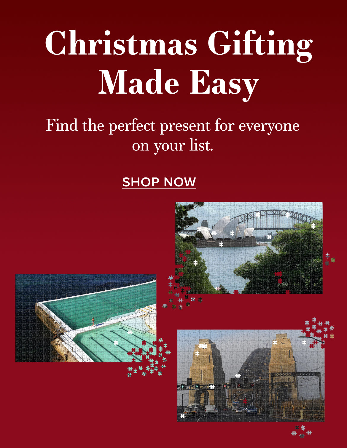 Christmas gifting with images of a bridge, pool, and building on a red background.